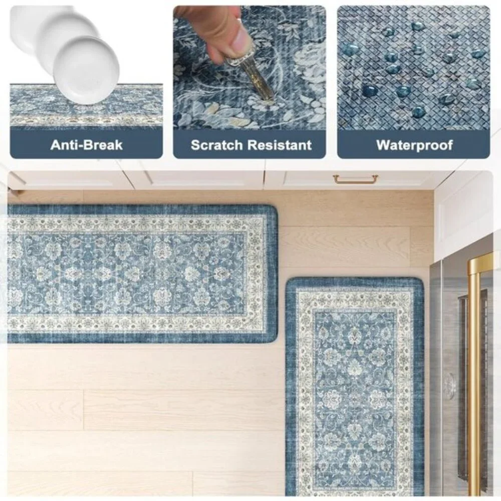 New 2Pcs Blue Kitchen Mat Set, Anti Fatigue Waterproof Area Rugs for Floor